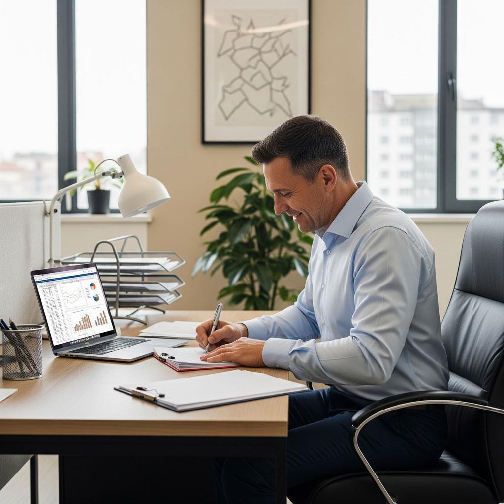 Zufriedener KMU CFO dank optimaler Finanzierungslösungen Bild eines zufriedenen Chief Financial Officers (CFO) in einem modernen Büro, der konzentriert an Finanzdokumenten arbeitet, symbolisch für erfolgreiche Unternehmensfinanzierung und Liquiditätsmanagement bei KMU.