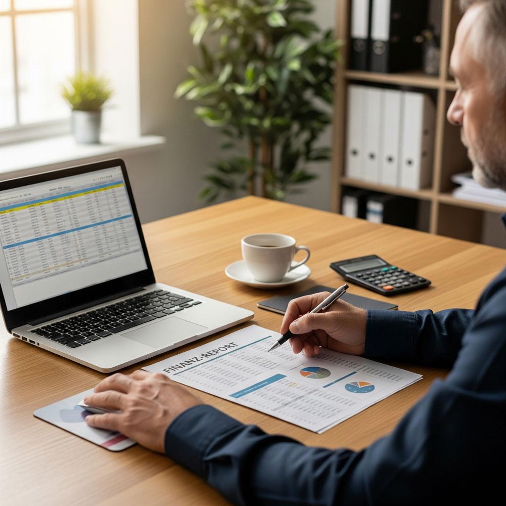 Unternehmer mittleren Alters analysiert detaillierten Finanz-Report mit Cashflow-Tabelle auf Laptop und ausgedruckten Diagrammen für KMU Finanzierung.
